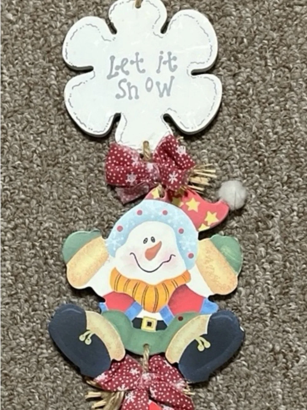 3 Wood Block Let It Snow Snowman Candy Cane Christmas Ornament Wall Hanging